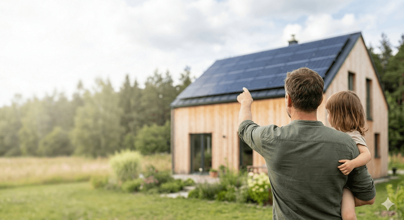 Vater und Tochter vor einer Solaranlage auf einem Einfamilienhaus