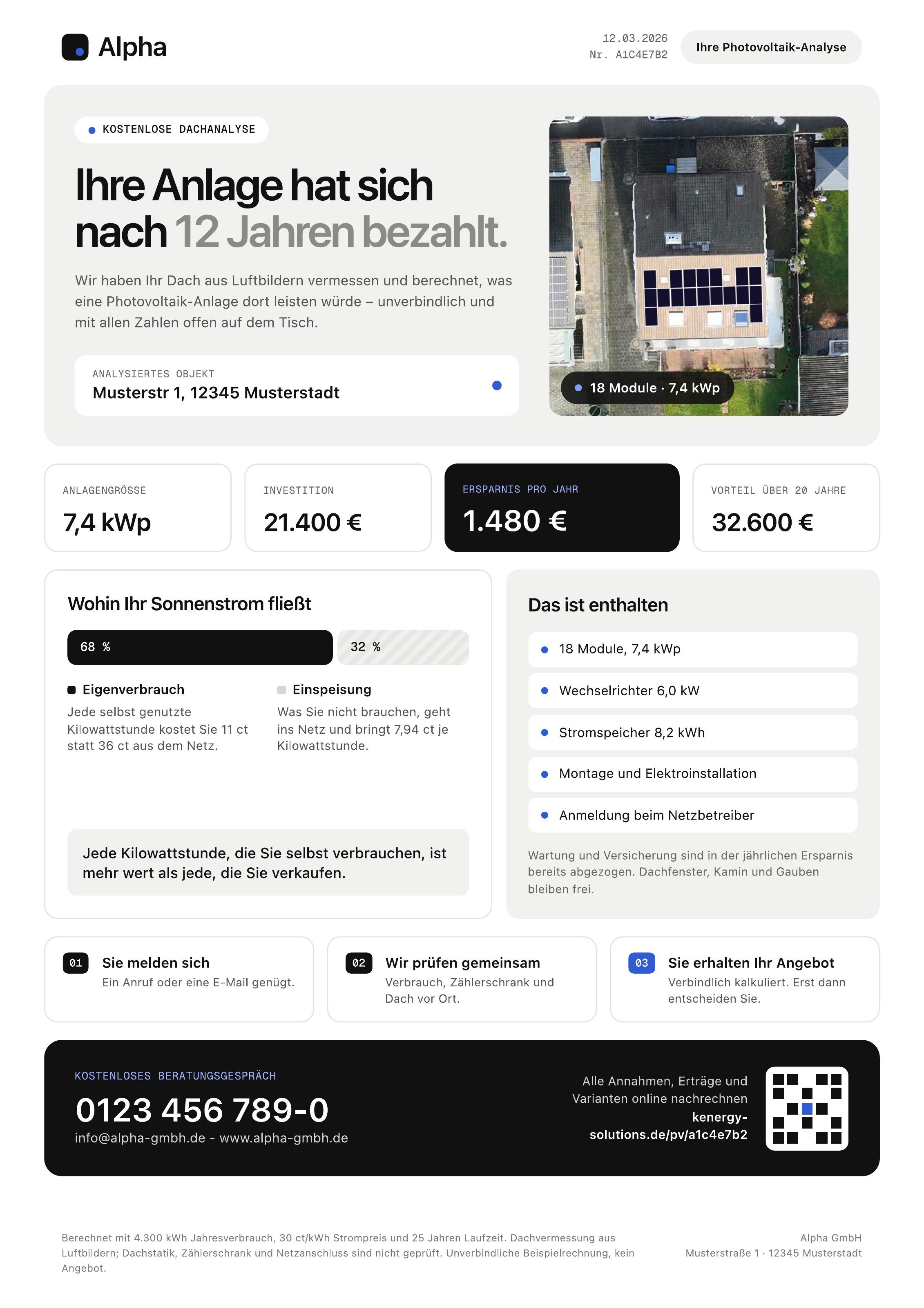 Alpha GmbH: persönlicher PV-Bericht mit Dachbelegung, Investition und Ersparnis