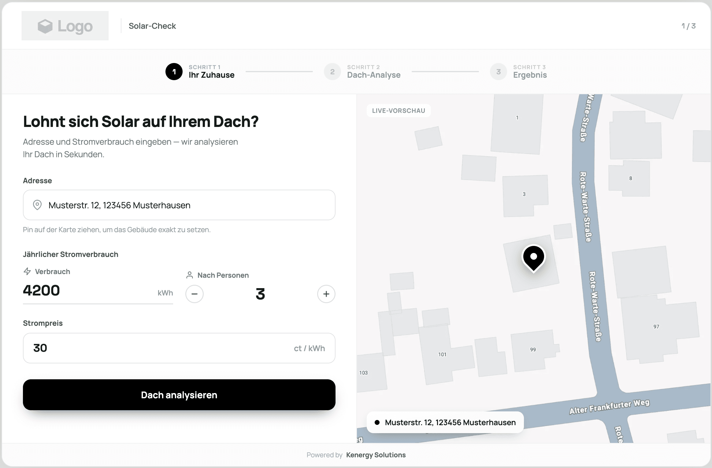 Solar Insight Plugin, eingebettet auf einer Website mit sofortiger PV-Planung
